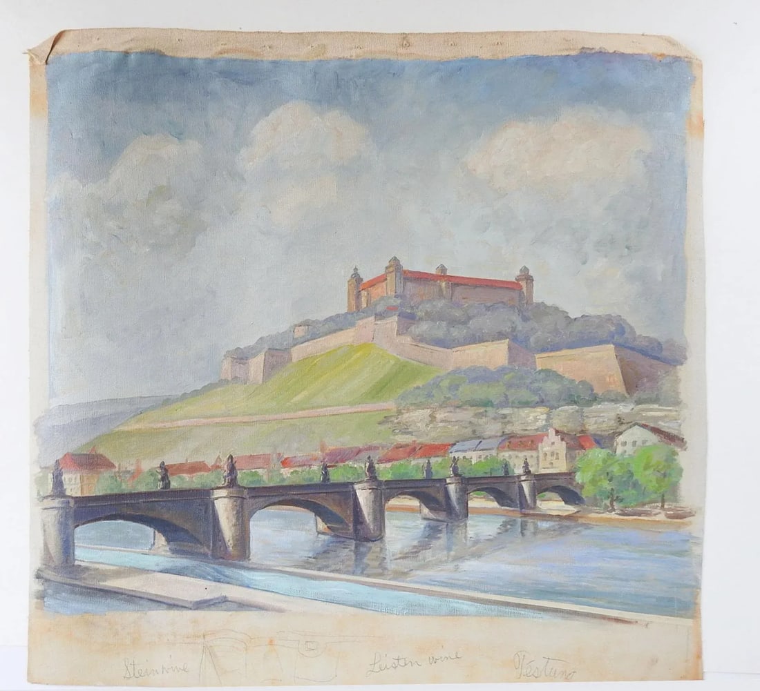 Mid Century Painting Marienberg Fortress Wurzburg Germany - 2