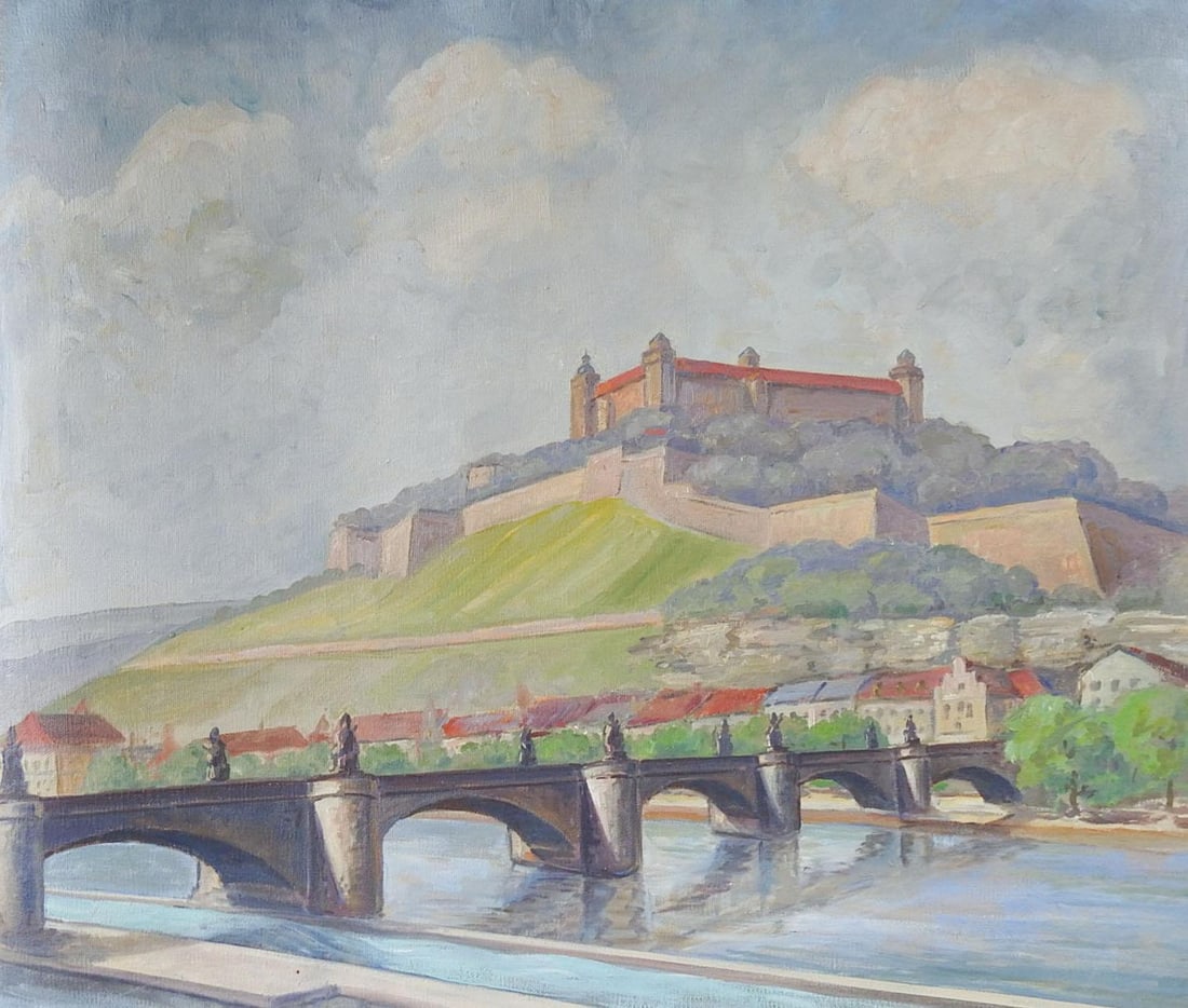 Mid Century Painting Marienberg Fortress Wurzburg Germany - 5