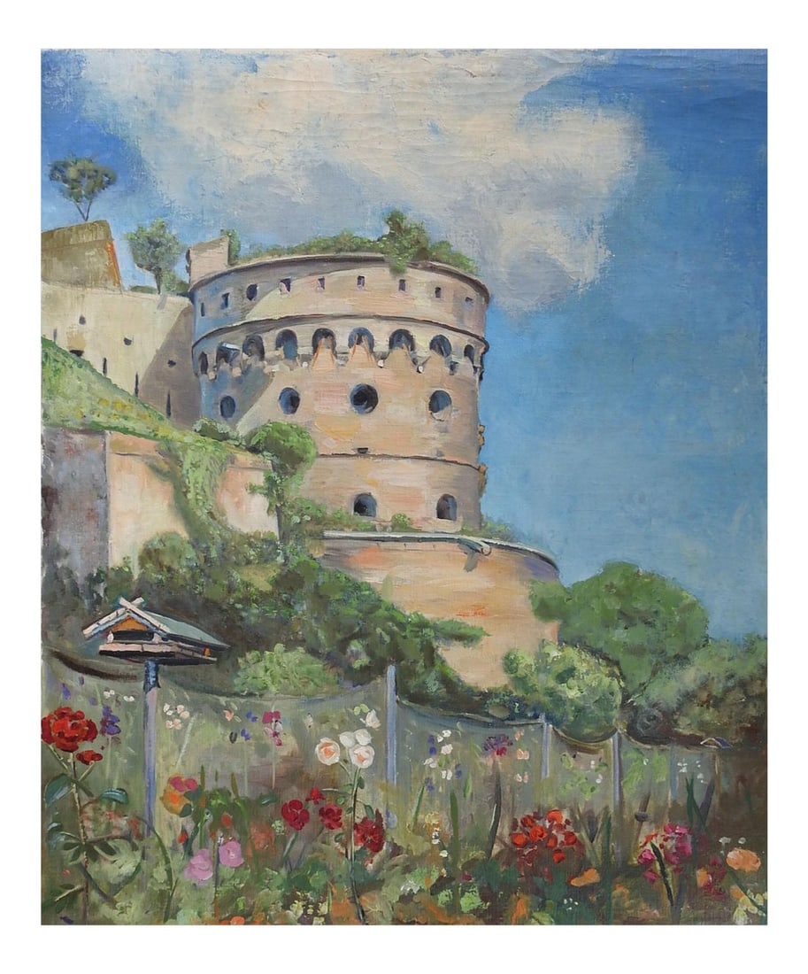 Mid 20th Century Painting Maschikuli Tower Wurzburg Germany: Vintage circa 1950's oil on linen painting of Maschikuli Tower Wurzburg Germany. By Geneva Flores Hart Fell (1906-2008) Texas. Unsigned, from the artists estate. Unframed and unstretched flat