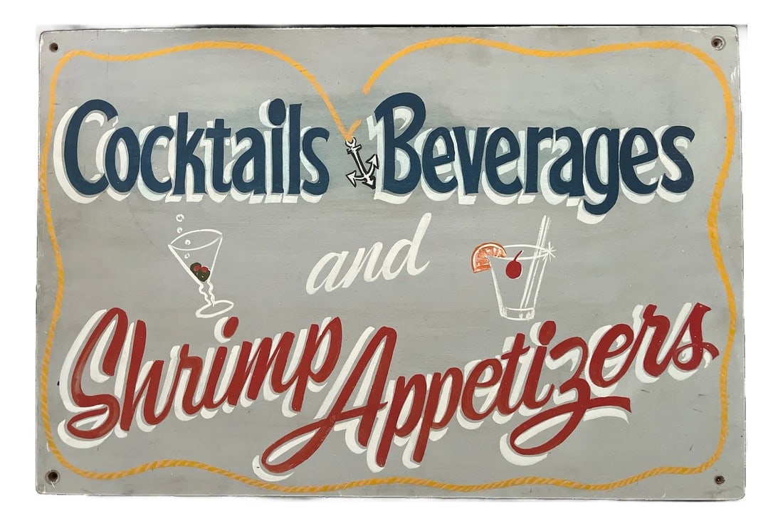 Vintage Mid Century Hand-Lettered "Cocktails, Beverages, and Shrimp Appetizers" Wooden Sign: Charming vintage hand-painted sign advertising "Cocktails, Beverages, and Shrimp Appetizers." Likely from a midcentury coastal bar or seafood shack, this one-of-a-kind piece features beautifully