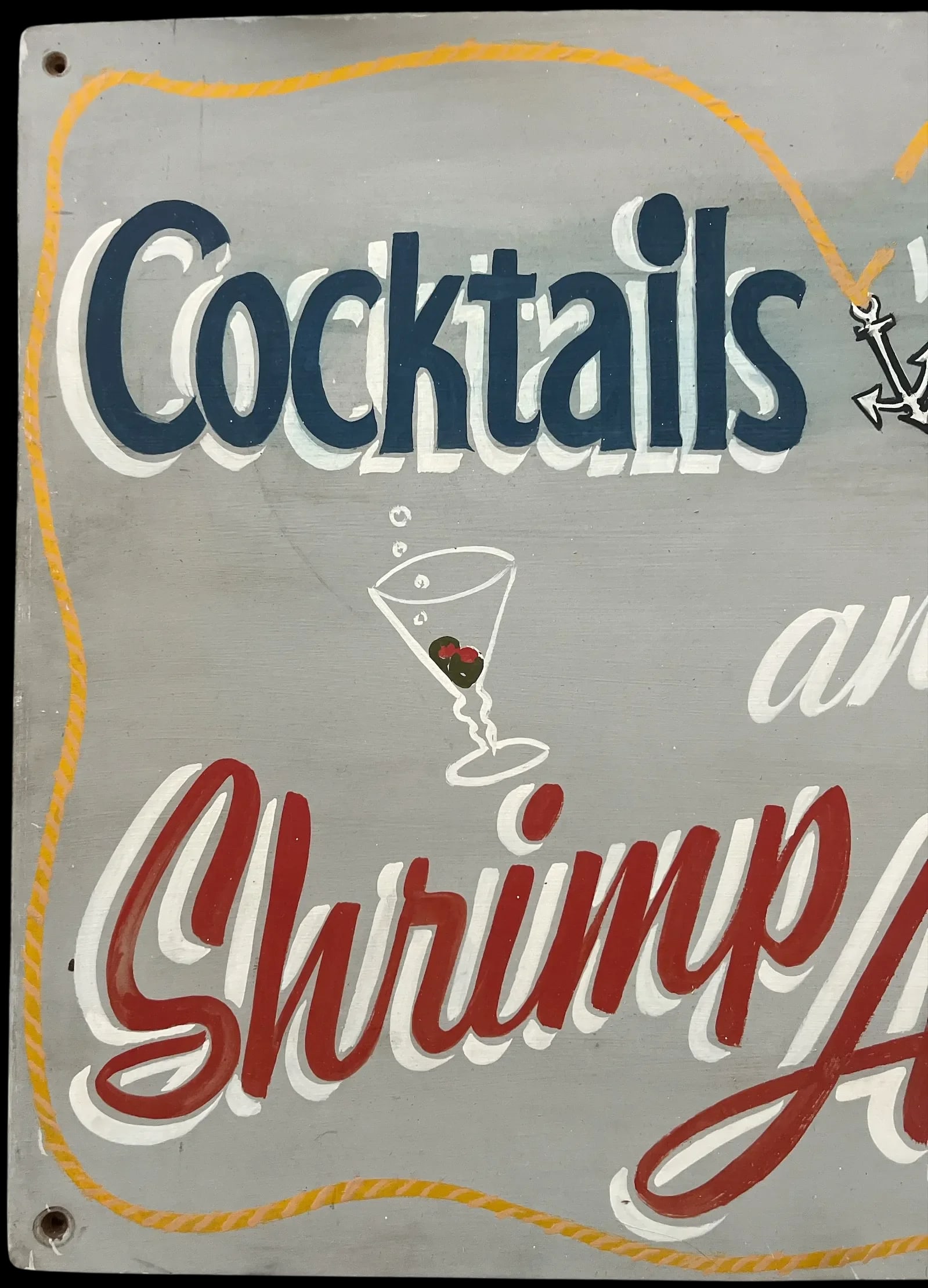 Vintage Mid Century Hand-Lettered "Cocktails, Beverages, and Shrimp Appetizers" Wooden Sign - 2