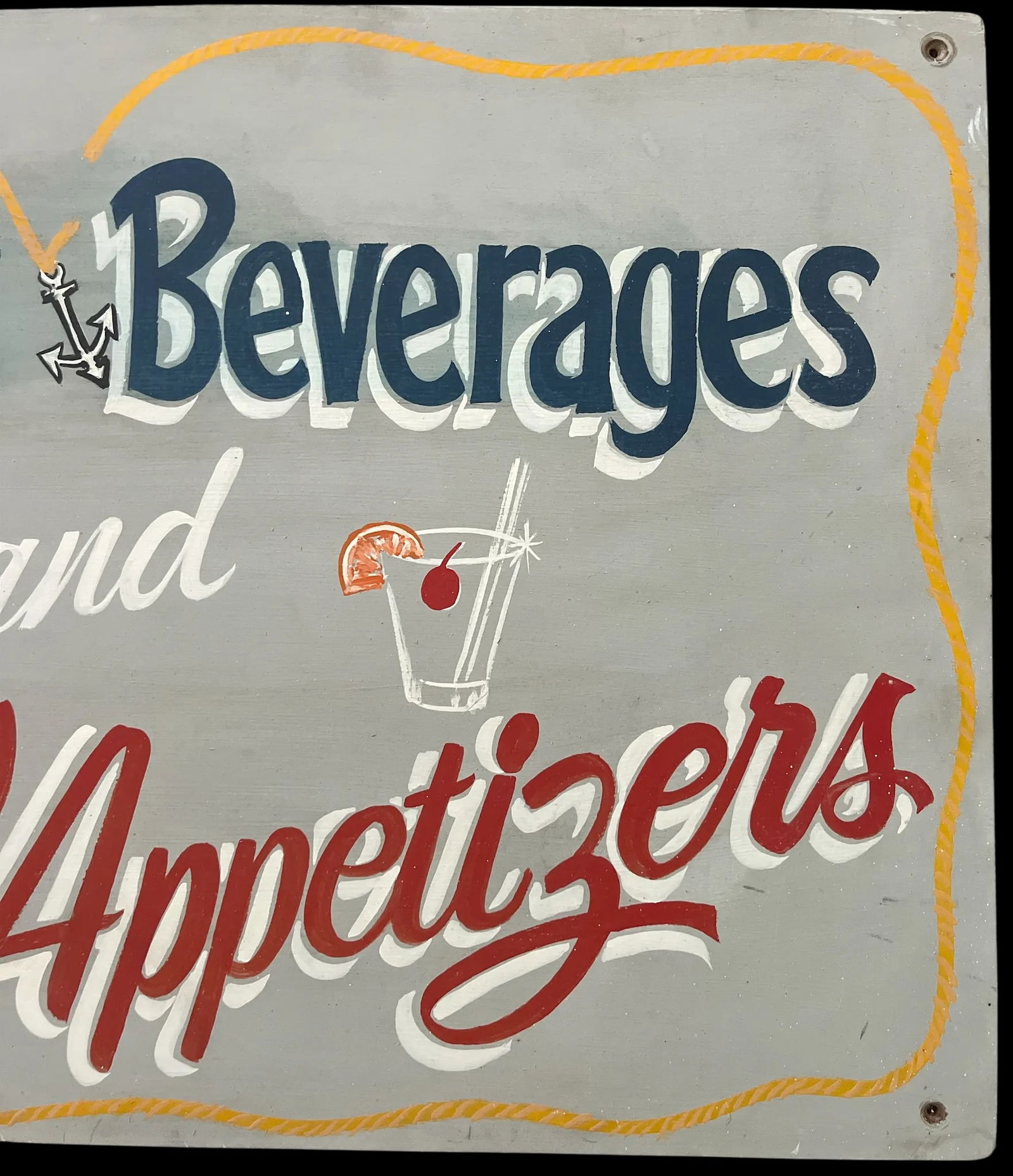 Vintage Mid Century Hand-Lettered "Cocktails, Beverages, and Shrimp Appetizers" Wooden Sign - 3