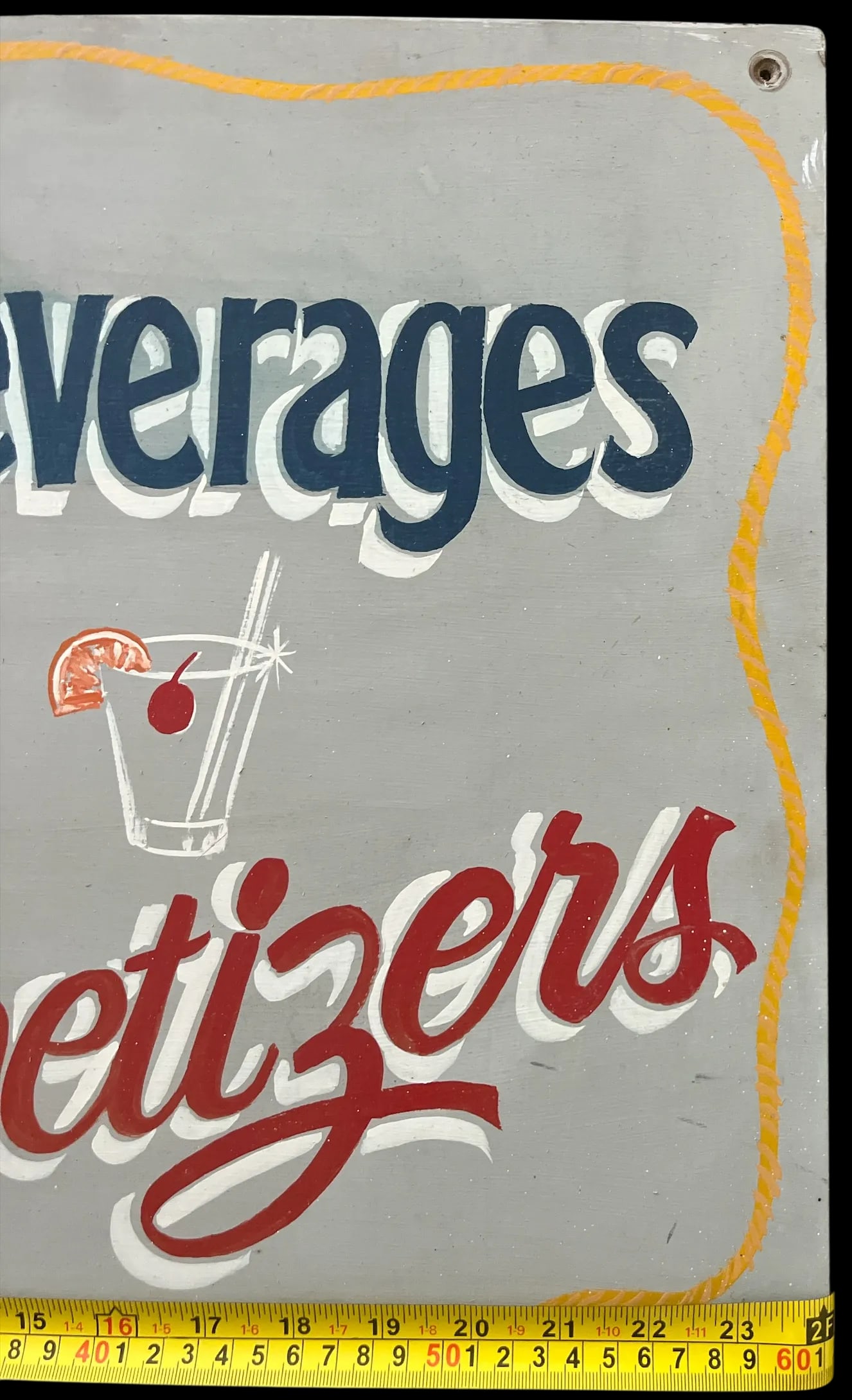 Vintage Mid Century Hand-Lettered "Cocktails, Beverages, and Shrimp Appetizers" Wooden Sign - 4