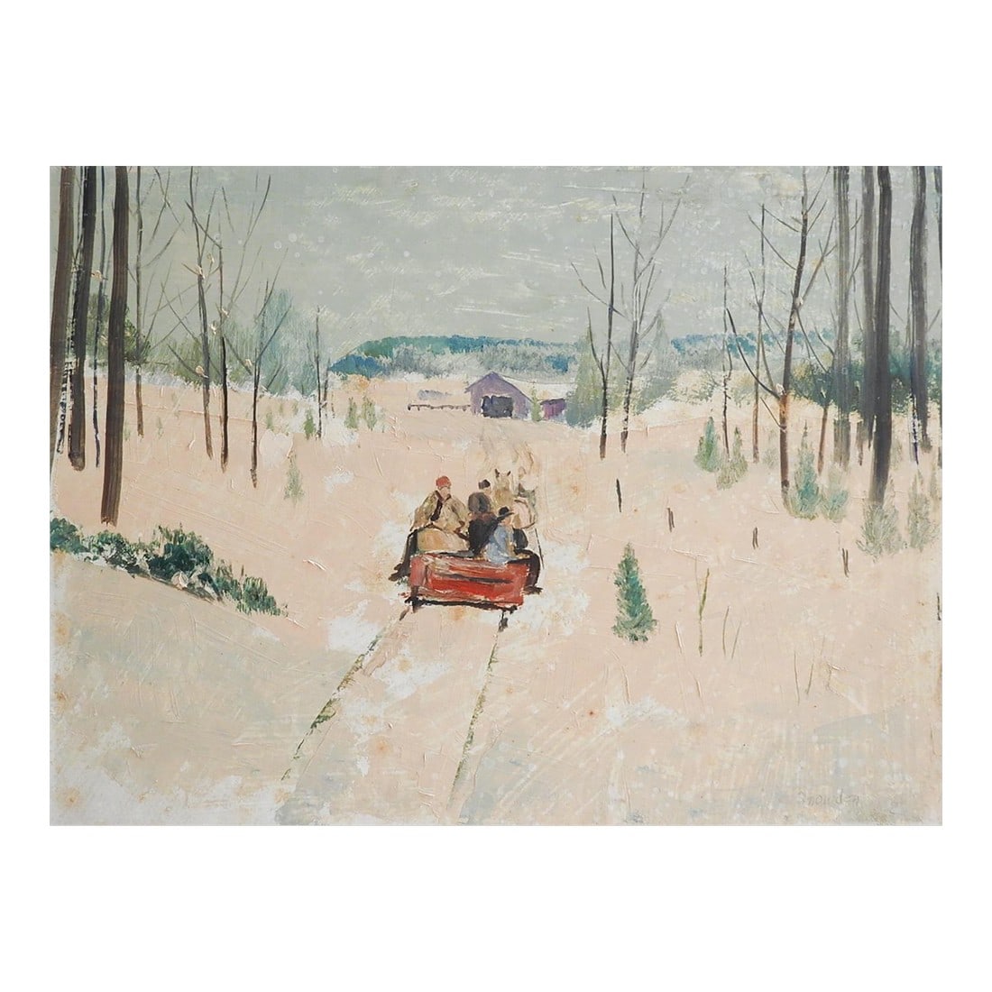 Chester Snowden Winter Snow Sleigh Scene Painting: Mid 29th century casein on masonite painting of a snowy winter scene with horse drawn sleigh and farm by Chester Dixon Snowden (1900 - 1984) Texas. Signed lower right corner. Unframed, some surface