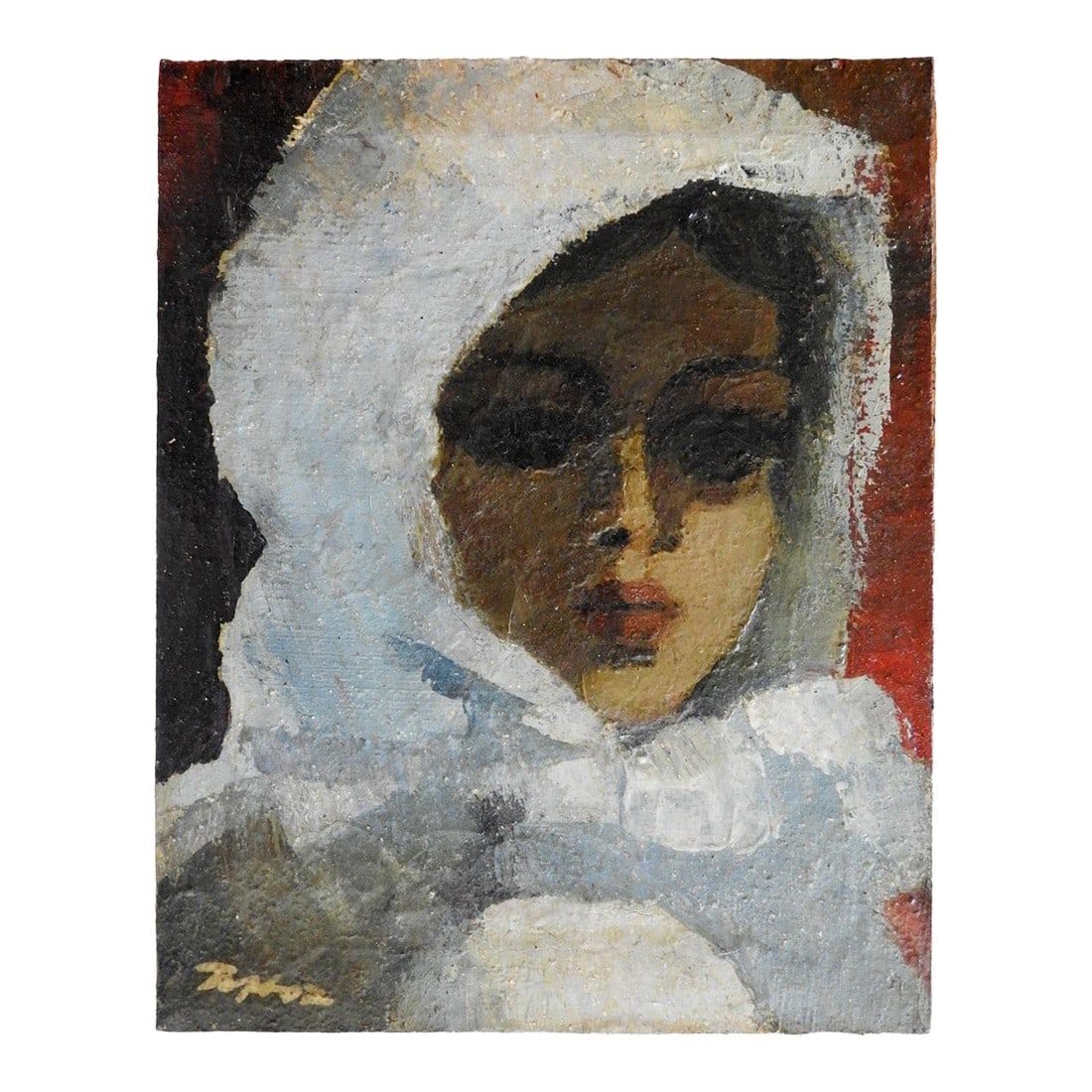 Mid 20th Century Portrait of Woman in White Cloak Painting: Mid 20th century oil on canvas portrait painting of young woman in white cloak. Signed illegibly lower left corner. Unframed, some craquelure. Condition: Alterations: Original Condition Unaltered