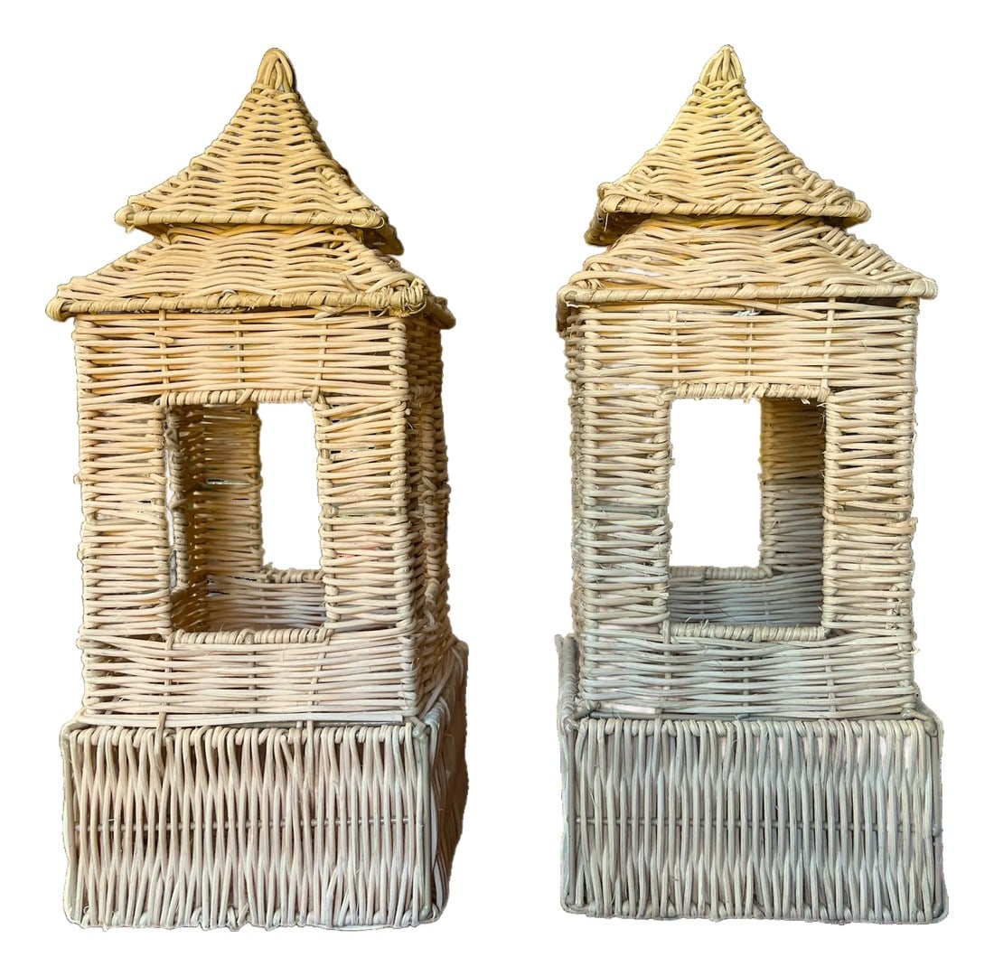 Pair of Rattan Pagoda Lanterns in Coastal Chinoiserie Style – 16" X 6" X 6": Add a touch of organic elegance and architectural flair with this pair of handwoven rattan pagoda lanterns. Each lantern features an airy, openwork design with arched window cutouts and tiered,
