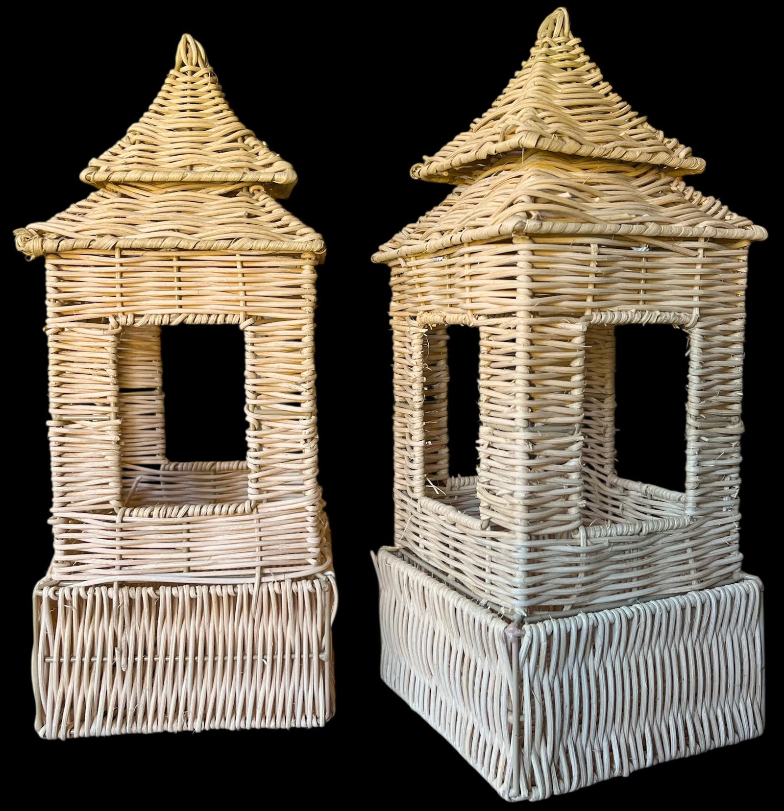 Pair of Rattan Pagoda Lanterns in Coastal Chinoiserie Style – 16" X 6" X 6" - 3