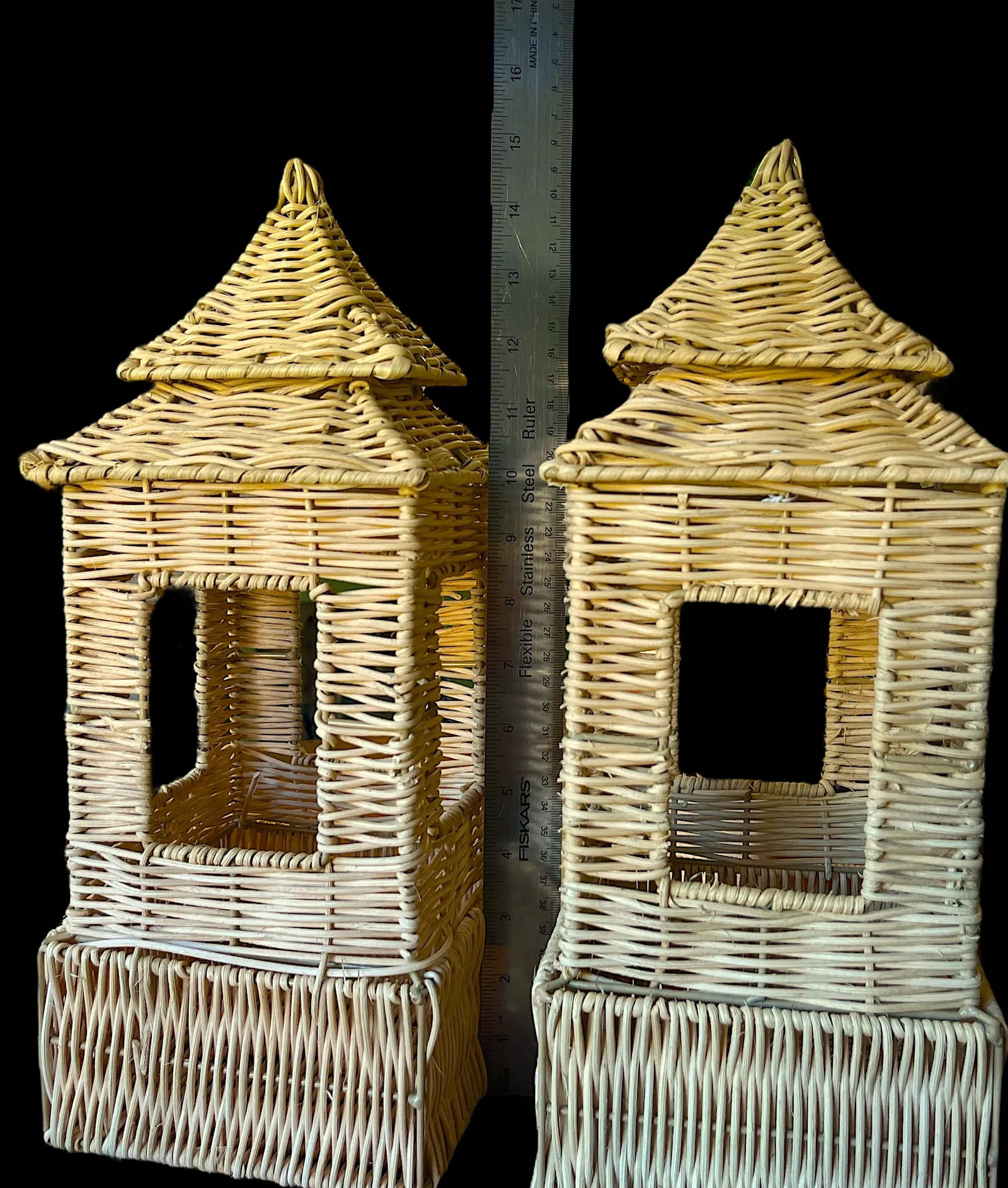 Pair of Rattan Pagoda Lanterns in Coastal Chinoiserie Style – 16" X 6" X 6" - 4