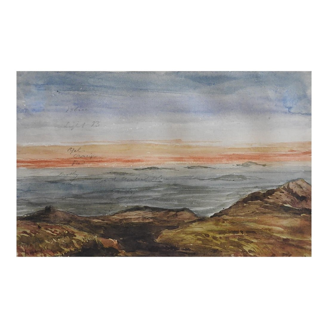 Mid 19th Century English Watercolor Landscape Painting: Mid 19th century watercolor on paper landscape study by Thomas Brittain Vacher (1805-1880) England. This little landscape study has pencil notations as to colors, location note sky after sunset from