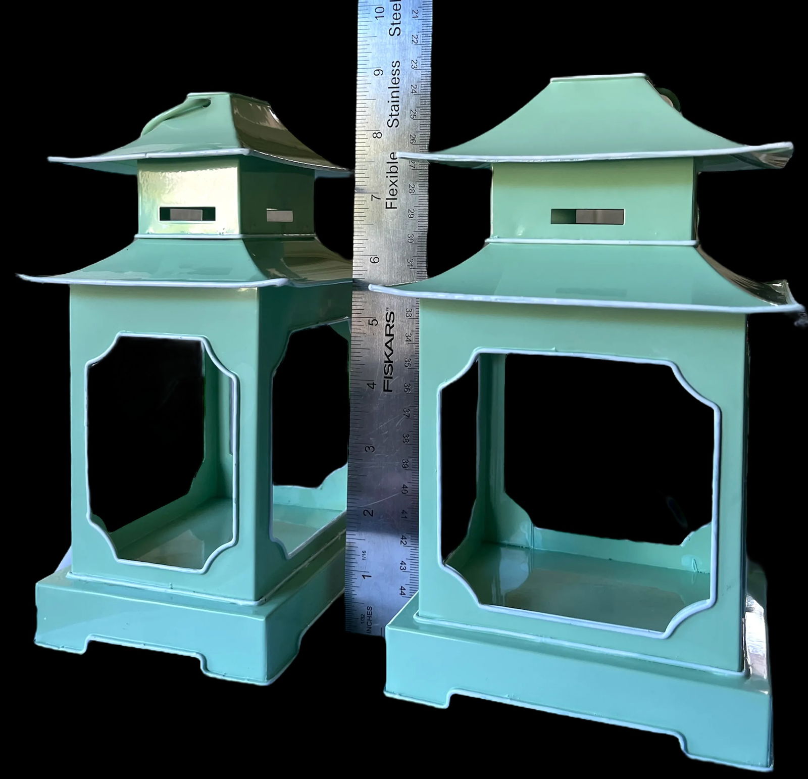 Pair of Mint Green & White Toile Metal Pagoda Lanterns for Chinoserie and Coastal Garden Â - 3