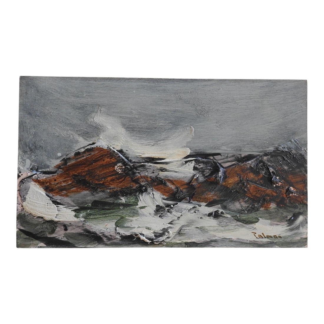 Mid 20th Century Modernist Seascape Painting: Mid 20th century oil on masonite modernist seascape painting. Signed Talman lower right corner, scattered heavy impasto paint application. Unframed. Condition: Alterations: Original Condition Unaltere