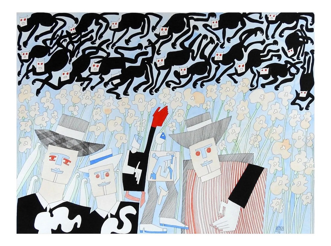 Vintage Abstract Black Cats by Benicio Nunez Painting: 1995 abstract watercolor on paper Spring With Black Cats by Beneicio Nunez (20th century) Argentina. Signed and dated lower right corner, titled Primavera Con Gatos Negros on verso. Unframed. 