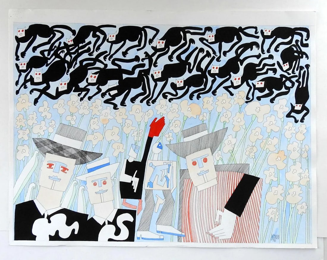 Vintage Abstract Black Cats by Benicio Nunez Painting - 5