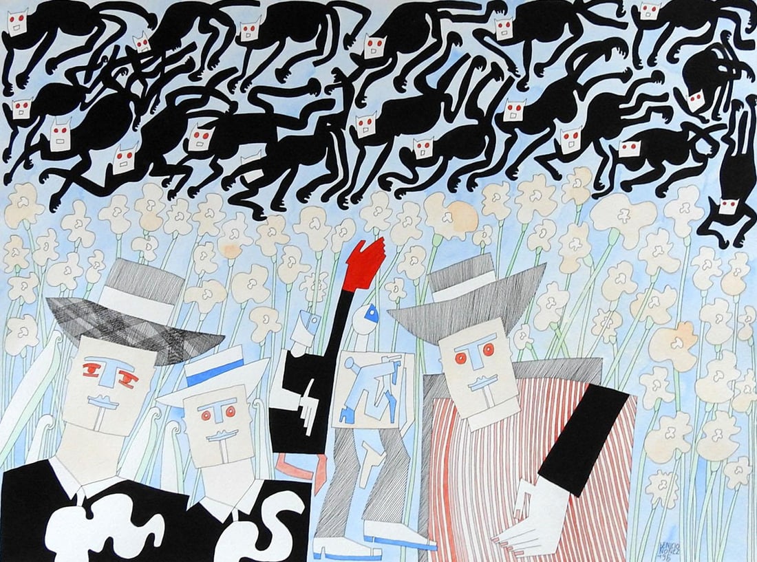 Vintage Abstract Black Cats by Benicio Nunez Painting - 7