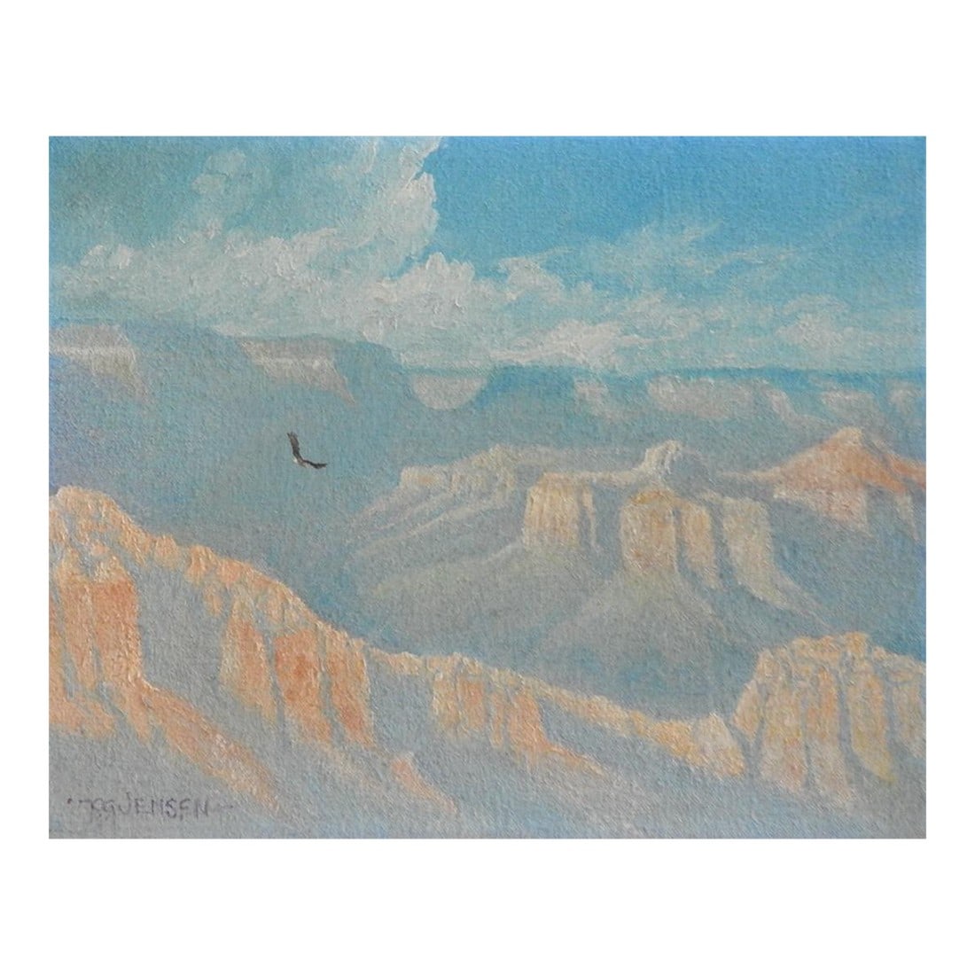 Late 20th Century Grand Canyon Landscape Painting: Late 20th century oil on canvas painting of the Grand Canyon with eagle flying in pale blue and peach. Signed Jensen lower left corner. Unframed, edge wear. Condition: Alterations: Original