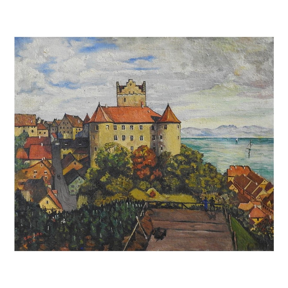 Early 20th Century Continental School Coastal Castle Cityscape Painting: Early 20th century oil on canvas painting of a coastal cityscape with castle. Signed illegibly lower left. Unframed, edge wear. Condition: Alterations: Original Condition Unaltered Imperfections: