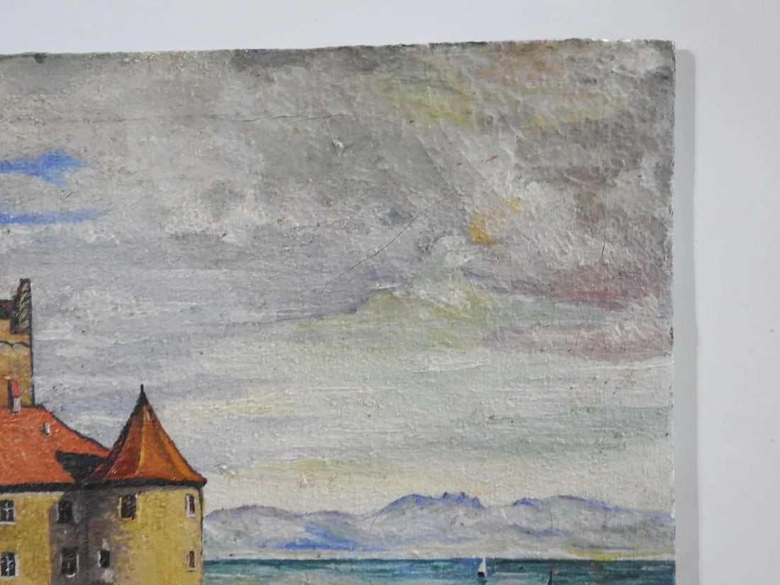 Early 20th Century Continental School Coastal Castle Cityscape Painting - 5