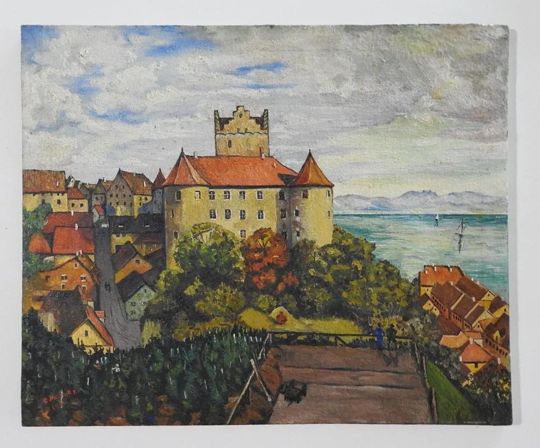 Early 20th Century Continental School Coastal Castle Cityscape Painting - 8