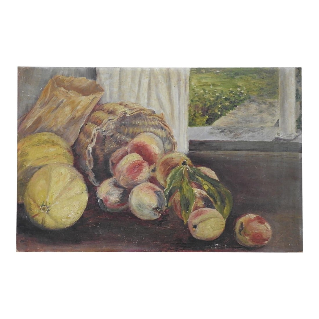 Early 20th Century Peaches Melons Still Life Painting: Early 20th century oil on artist board still life with peaches and melons. Unsigned. Unframed, edge wear, couple small spots of paint loss. Condition: Alterations: Original Condition Unaltered Imperfe