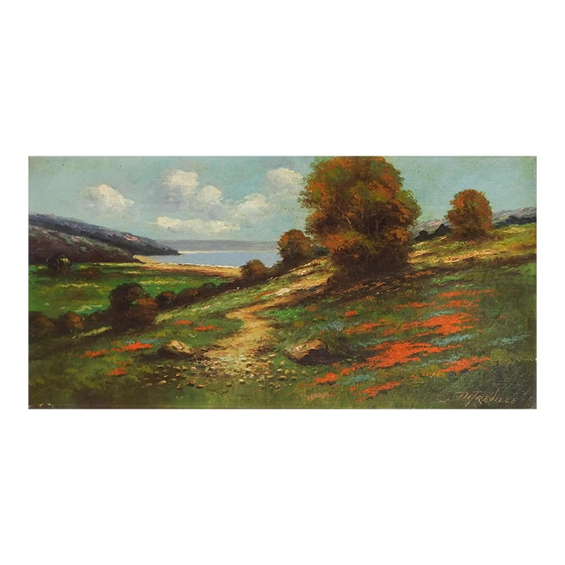 Late 19th Century California Coastal Landscape Painting: Late 19th century oil on canvas California coastal landscape painting by Richard Detreville (1864-1929) California. Signed lower right corner. Unframed, edge wear. Condition: Alterations: