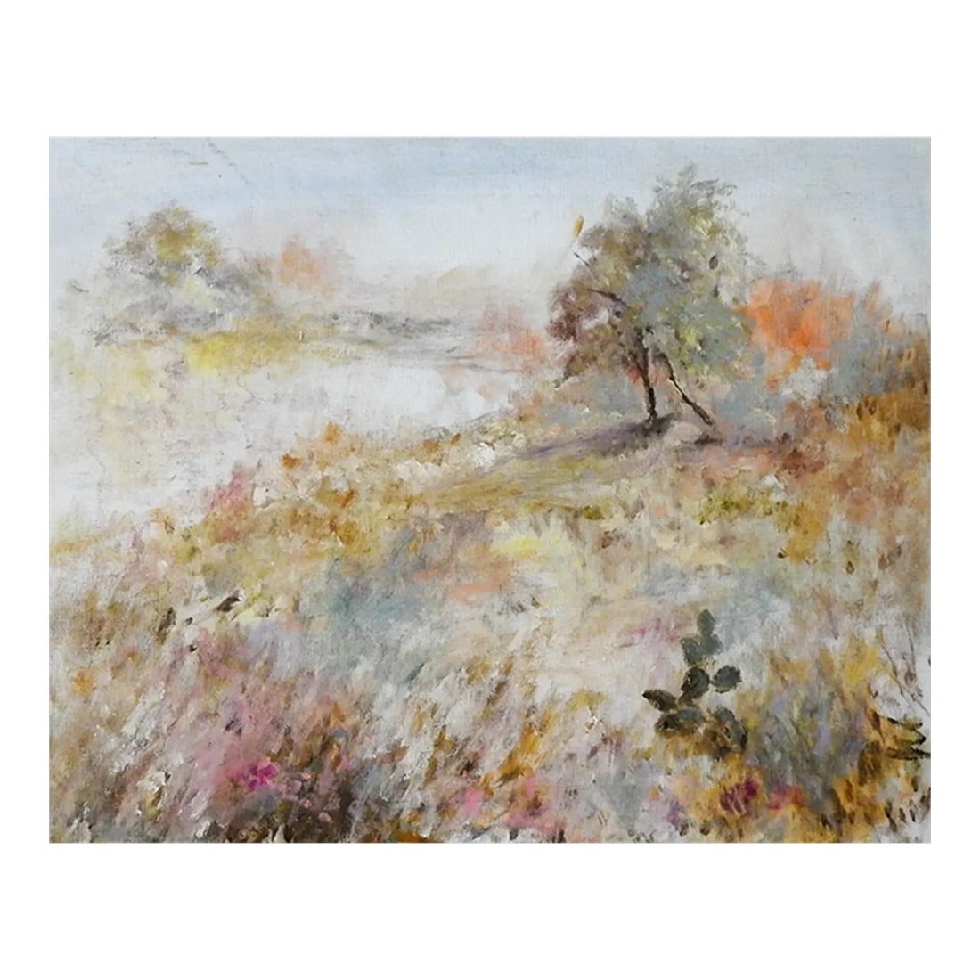 Late 20th Century Impressionist Misty Landscape Painting: Late 20th century oil on canvas impressionist landscape painting with trees and cactus. Unsigned, in pale colors. Unframed, couple small surface scuffs. Condition: Alterations: Original Condition
