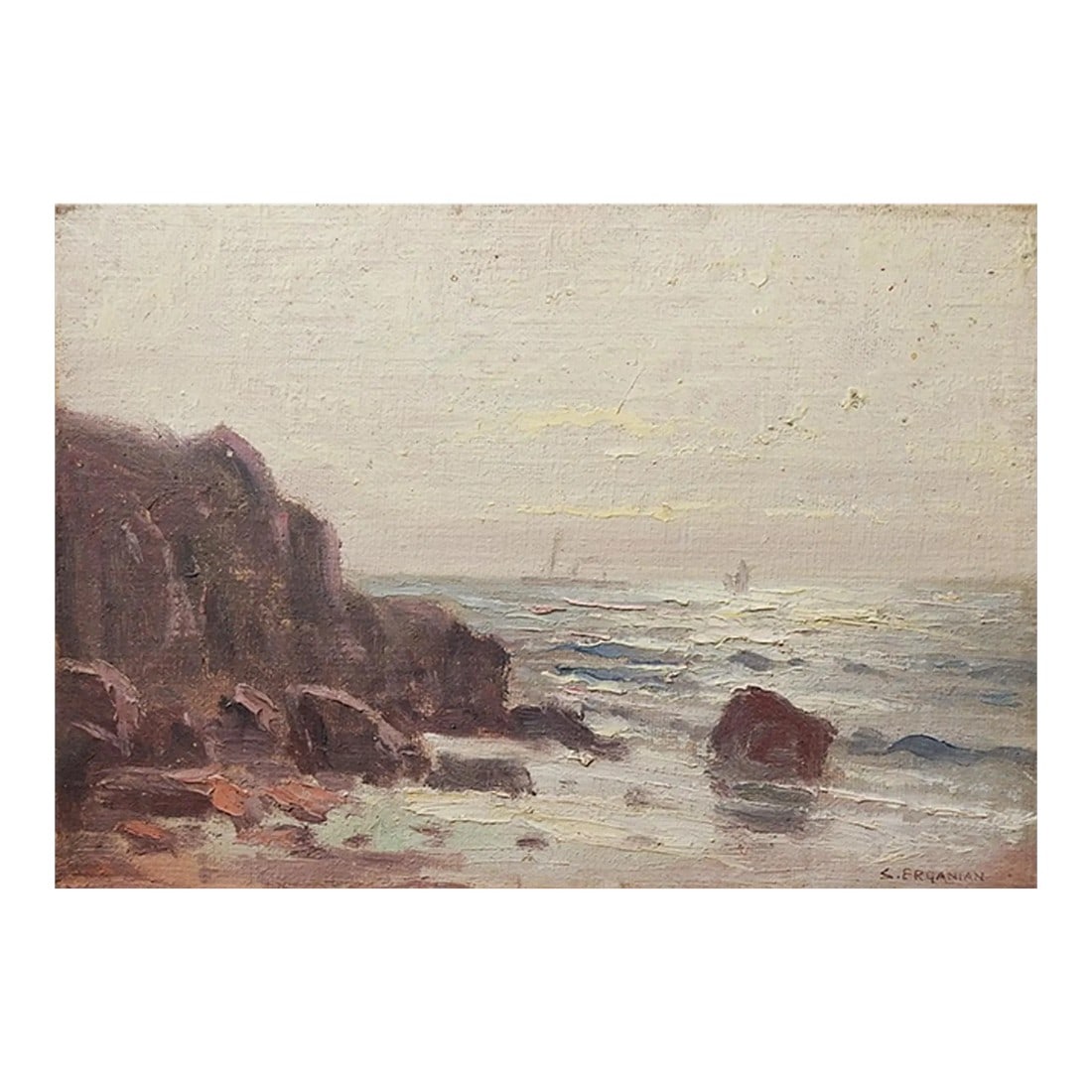 Small Early 20th Century Rocky Coastal Seascape Painting: Small early 20th century oil on artist board rocky coastal seascape with steamship painting by Sarkis Daltzar Erganian (1874 - 1950) Missouri, New York,Turkey, Russia. Signed lower right corner. 