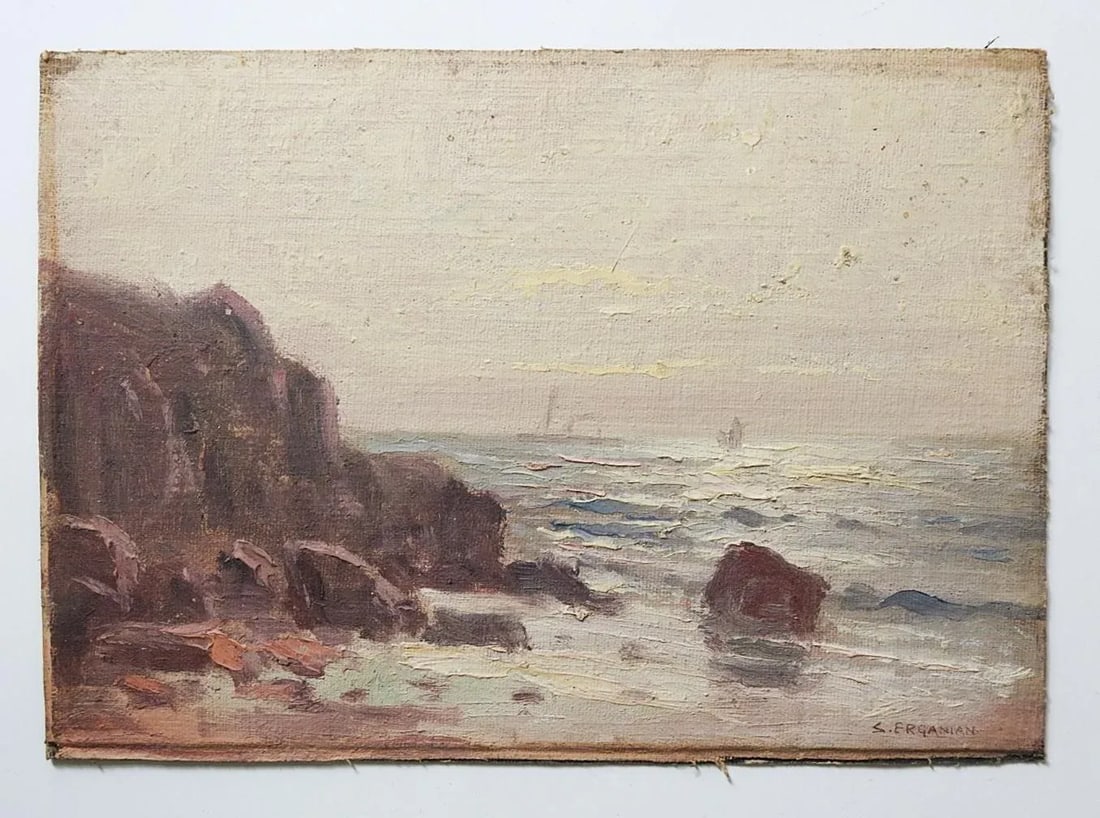 Small Early 20th Century Rocky Coastal Seascape Painting - 6