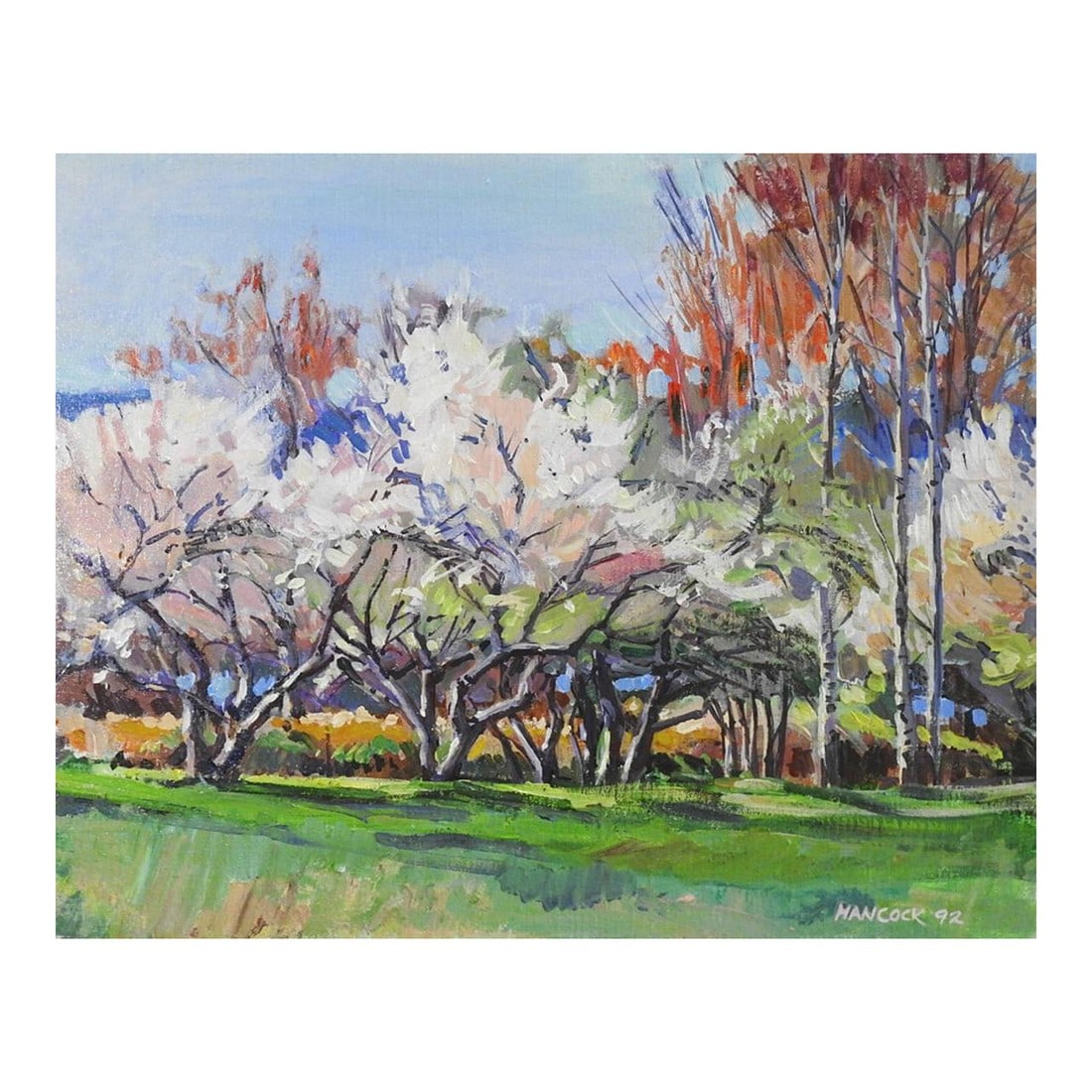 1992 Impressionist Blossoming Orchard Trees Landscape Painting: 1992 impressionist oil on linen painting of flowering fruit tree orhcard landscape. Signed Hancock dated 1992 lower right corner. Unframed. Condition: Alterations: Original Condition Unaltered Imperfe