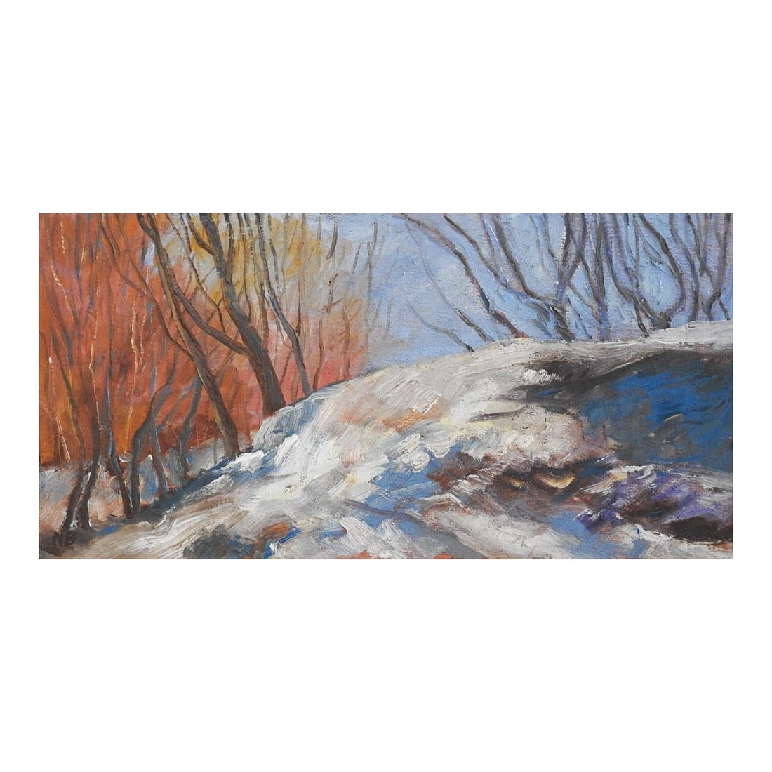 1978 Impressionist Snowy Winter Landscape Painting: 1978 oil on canvas snowy winter landscape painting. Signed N Bradley and dated on verso. Unframed, edge wear. Condition: Alterations: Original Condition Unaltered Imperfections: Some Imperfections Con