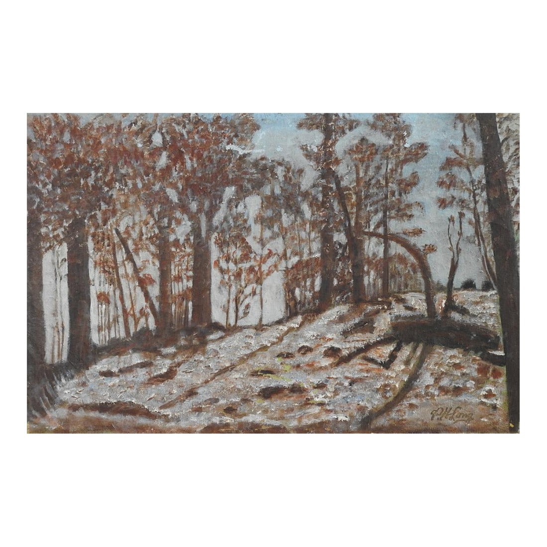 1956 Tonal Folk Art Winter Forest Landscape Painting: 1956 oil on canvas tonal winter landscape in browns and blues painting. Signed P. H. Long lower right corner, dated on verso. Unframed, edge wear. Condition: Alterations: Original Condition