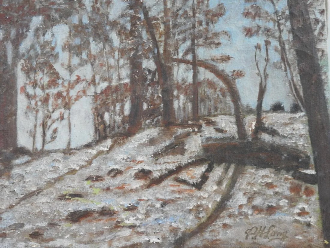 1956 Tonal Folk Art Winter Forest Landscape Painting - 3