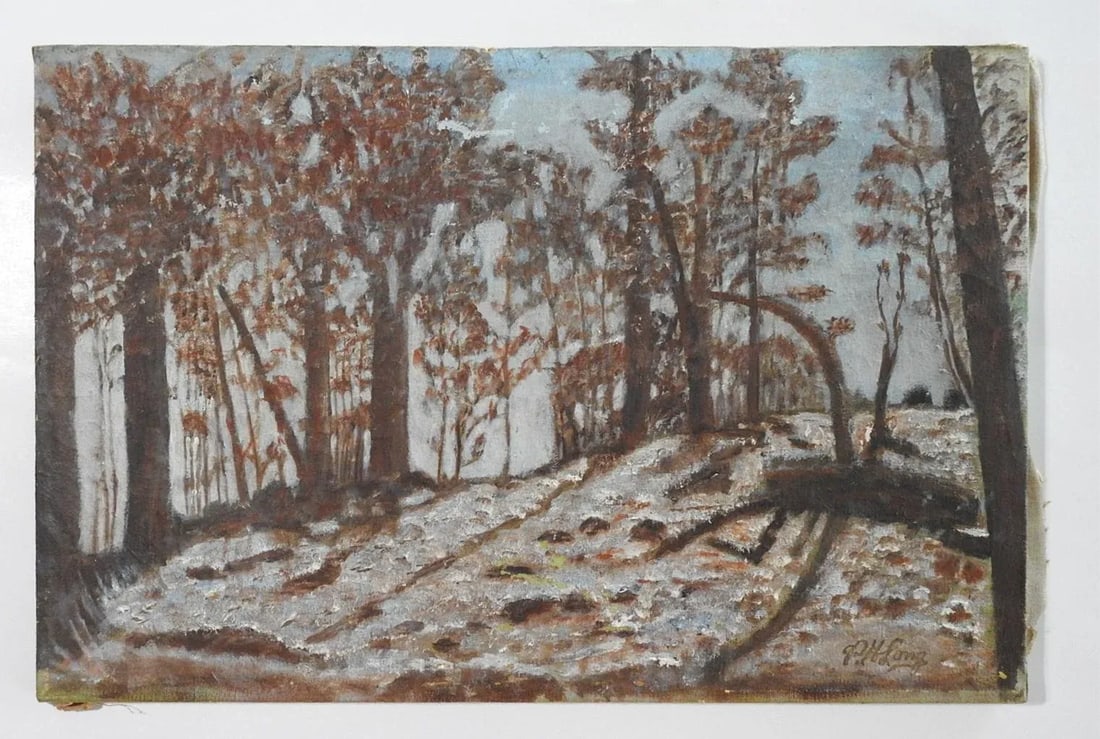 1956 Tonal Folk Art Winter Forest Landscape Painting - 7