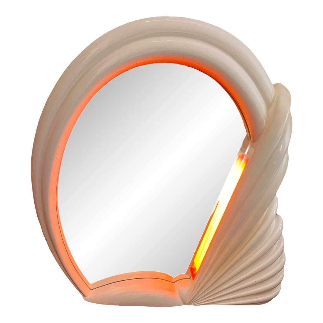 1980s Italian Postmodern Illuminated White Swan Fan Mirror "” Memphis Style Lacquer With Pink: Step into the luminous world of 1980s Italian design with this dramatic illuminated mirror. Sculptural and sleek, its fan-like form in glossy white lacquer is pure postmodern fantasy "” part sea