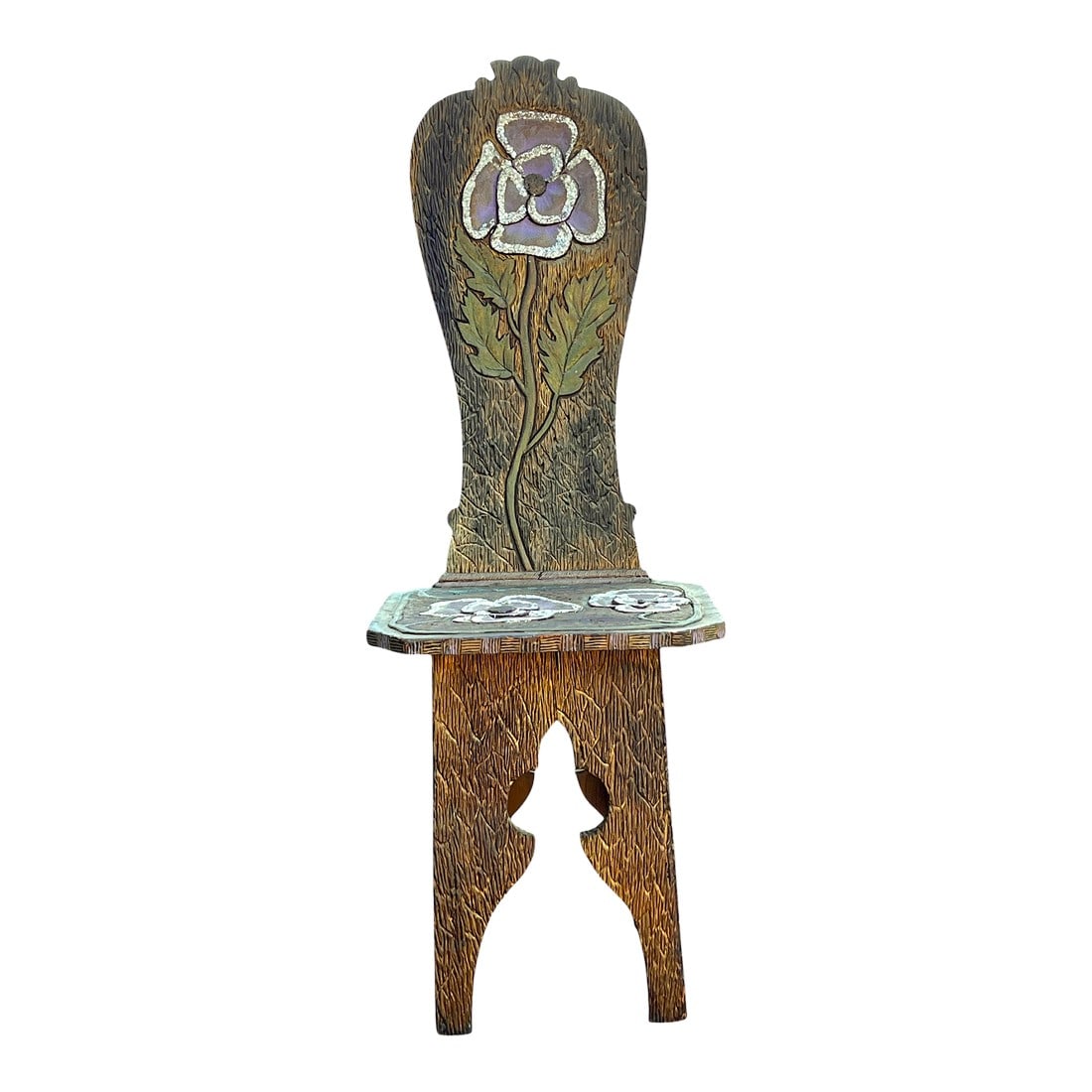 Early 20th Century Hand-Carved Chartreuse Chair With Anemone Motif Attributed to Liberty & Co, Londo: A rare and exquisite hand-carved chair attributed to Liberty & Co of London, likely produced in Japan for the British firm in the early 20th century. This remarkable piece reflects the global reach