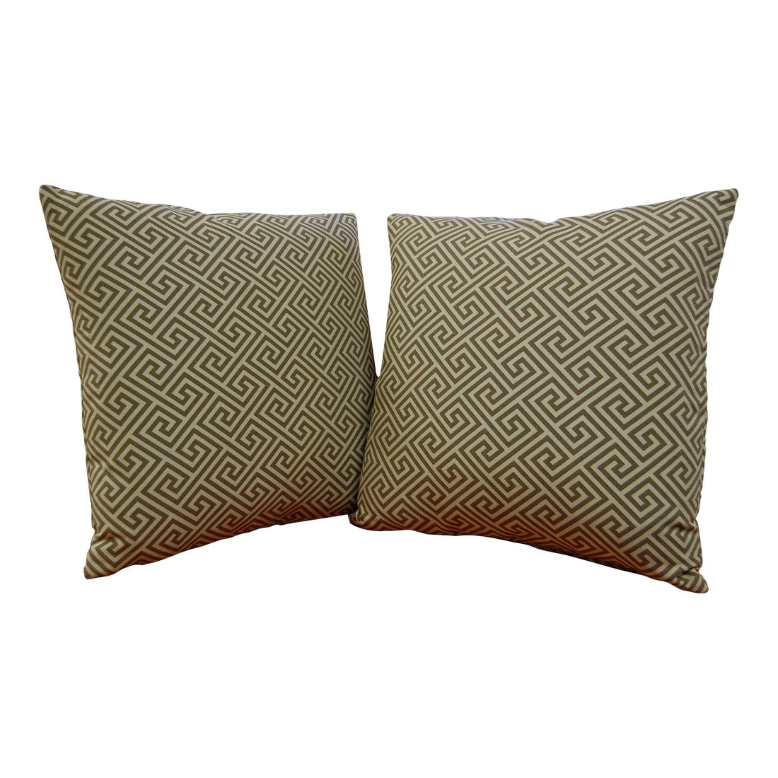 Pair of Schumacher "St. Tropez" Fretwork Square Custom Pillows 22 X 22 In.: •Pair of custom 22³ × 22"³ knife edge pillows. "•Crafted in Schumacher's "St. Tropez" Fretwork fabricÂ 62906 in Teak (brown/taupe on beige). "•Down/soft feat