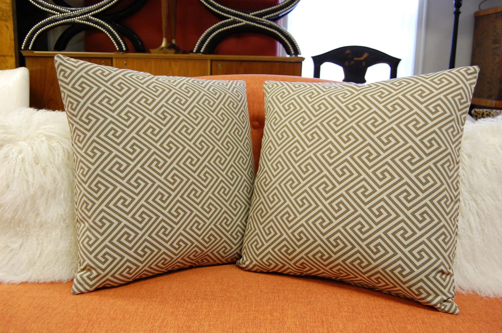 Pair of Schumacher "St. Tropez" Fretwork Square Custom Pillows 22 X 22 In. - 2