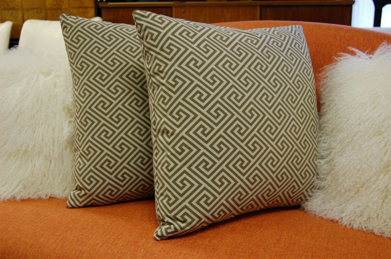 Pair of Schumacher "St. Tropez" Fretwork Square Custom Pillows 22 X 22 In. - 3