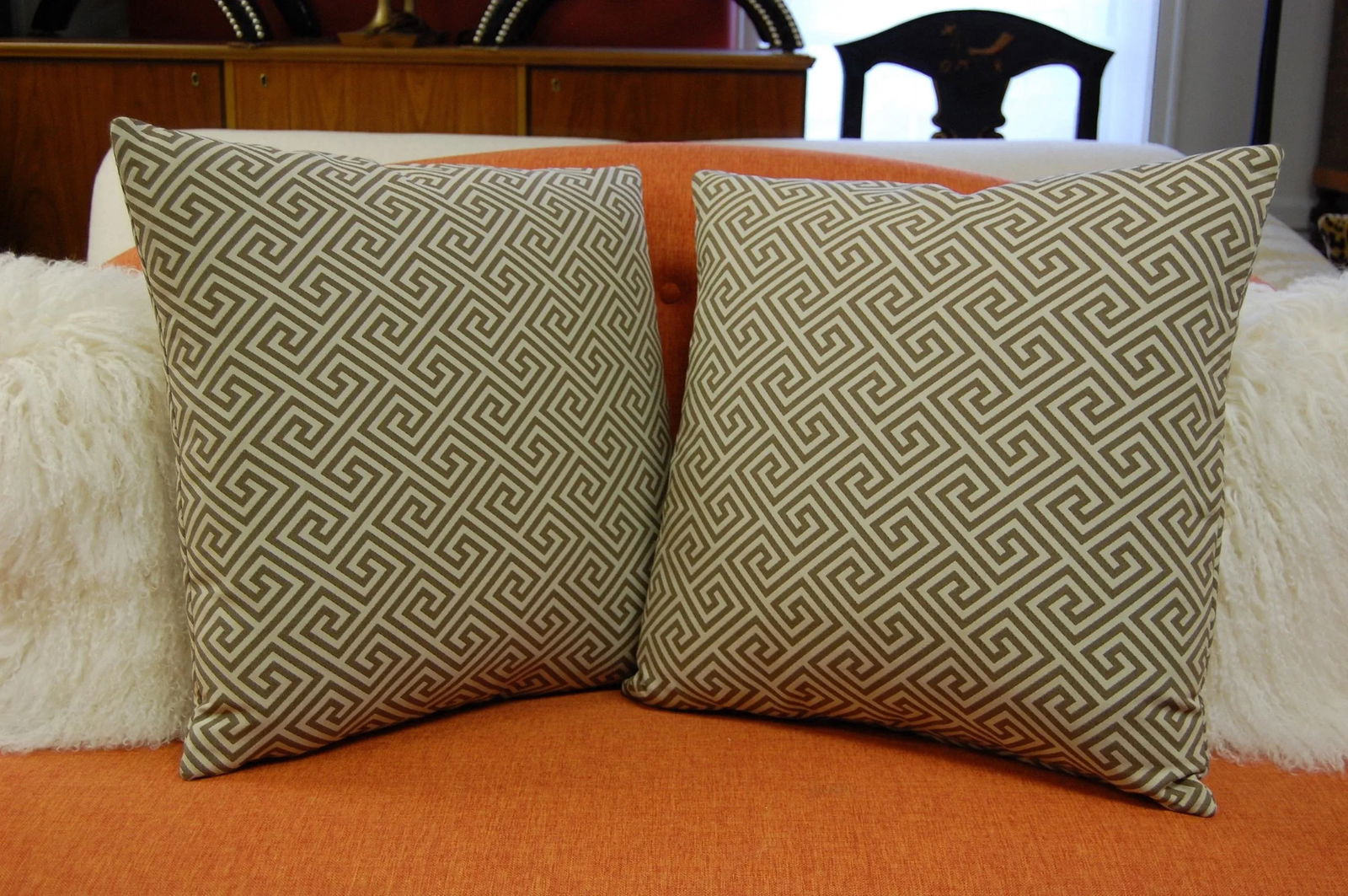 Pair of Schumacher "St. Tropez" Fretwork Square Custom Pillows 22 X 22 In. - 7