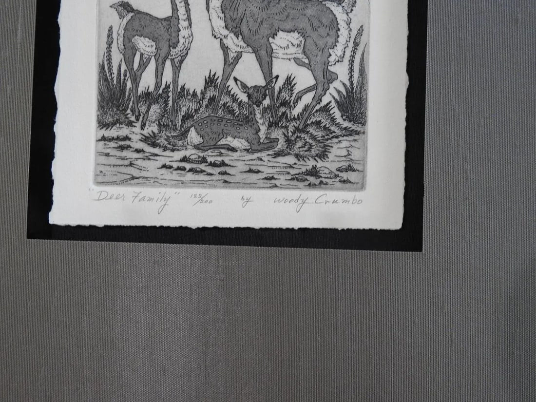 Mid 20th Century Woody Crumbo Deer Family Etching - 2