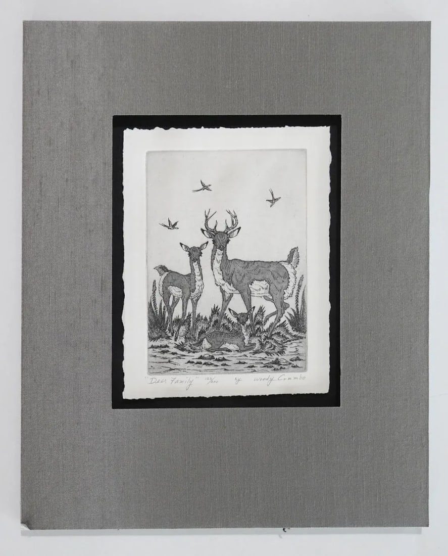 Mid 20th Century Woody Crumbo Deer Family Etching - 4