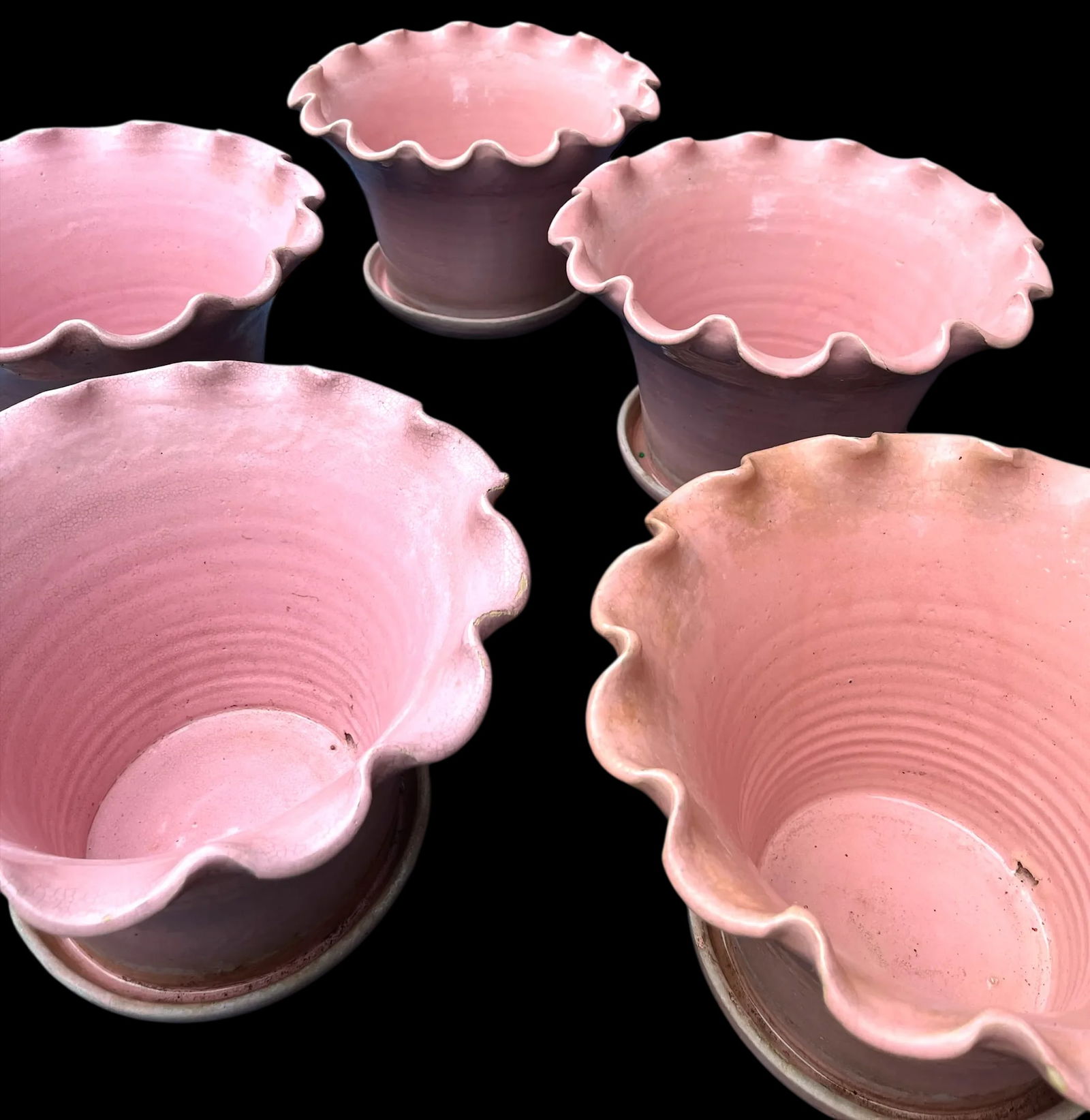 Early 20th Century Large Antique French Hand Thrown Earthenware Scalloped Pink Glazed Planters With - 10