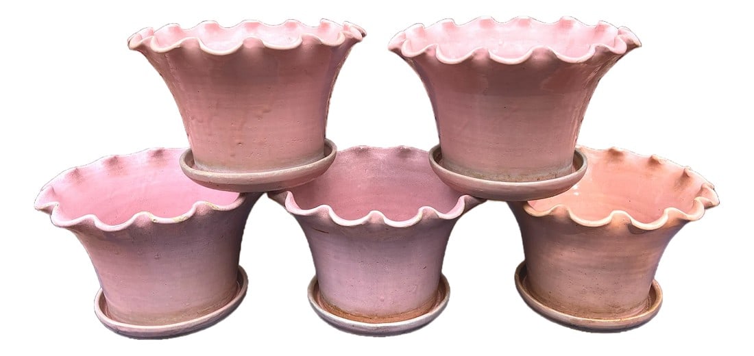 Early 20th Century Large Antique French Hand Thrown Earthenware Scalloped Pink Glazed Planters With: Set of Five handmade earthenware planters from Cannes, France featuring a wide, dramatic scalloped and ruffled rim and glossy pink glaze. Measuring an impressive 8.5" tall and 13" in diameter, they