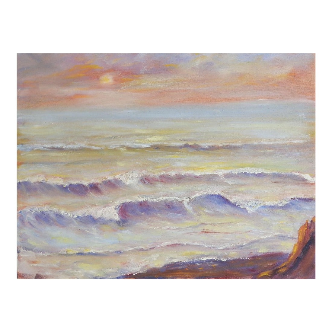 Mid 20th Century Seascape at Sunset Painting: Mid 20th century oil on canvas seascape at sunset painting. Unsigned. Unframed, edge wear. Condition: Alterations: Original Condition Unaltered Imperfections: Some Imperfections Condition Notes: