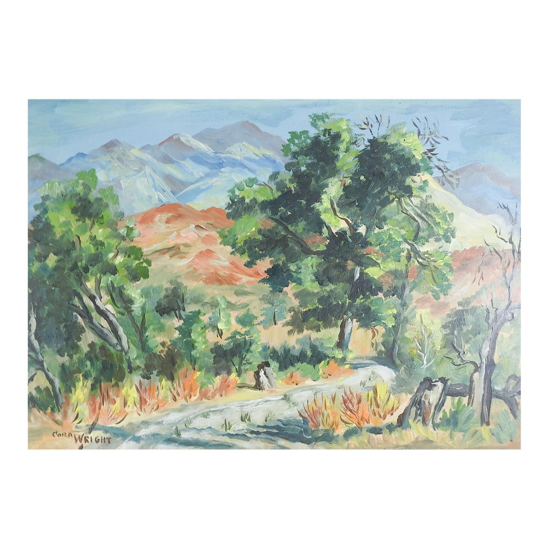 Mid 20th Century Mountain Road Landscape Painting: Mid 20th century oil on artist board mountain road landscape painting by Cora Alice Wright (1908-1992) California.. Signed lower left corner. Unframed, edge and corner wear. Condition: