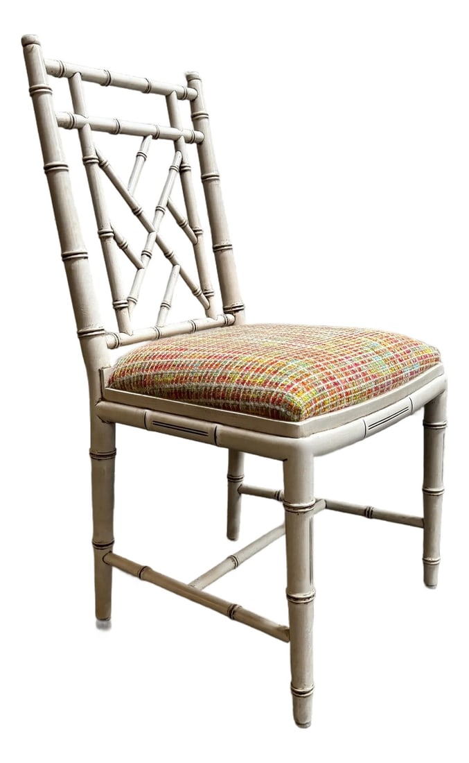 Vintage Chinoiserie Style Faux Bamboo Accent, Desk or Vanity Chair C. 1970s: Chic vintage side chair in the classic Chinoiserie style. The wood frame is expertly crafted as faux bamboo with a distressed and antiqued cream lacquer. Can't you imagine this in a grand Palm Beach h