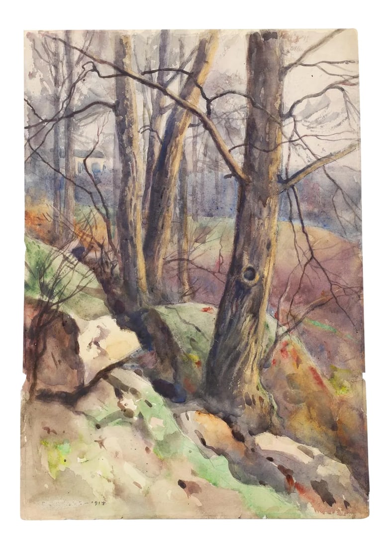 1914 Rocky Hillside Landscape Egbert Cadmus Watercolor Painting: Watercolor on paper by Egbert Cadmus (American, 1868-1939, Connecticut, New Jersey) of a rocky hillside with farmhouse in background. An accomplished watercolorist, best known as the father of artist