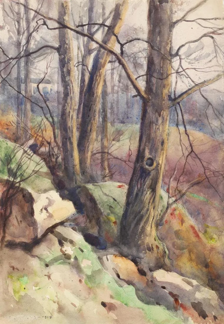 1914 Rocky Hillside Landscape Egbert Cadmus Watercolor Painting - 2