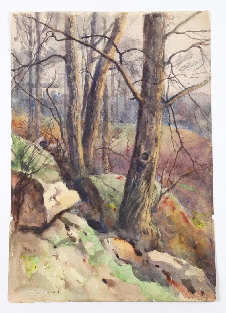 1914 Rocky Hillside Landscape Egbert Cadmus Watercolor Painting - 6