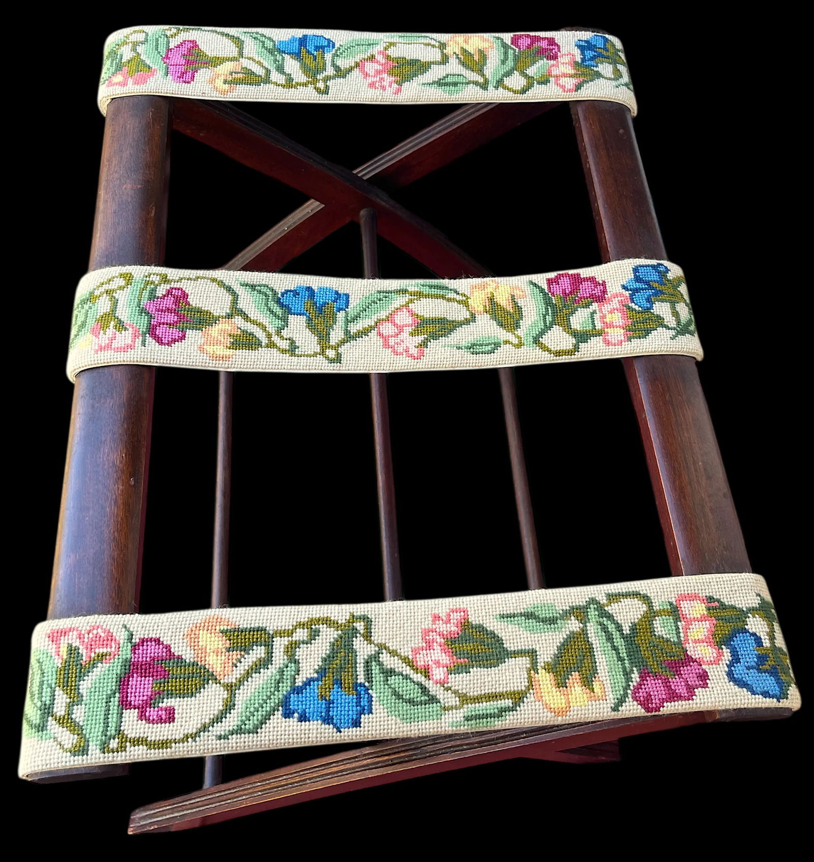 Vintage Folding Luggage Rack With Floral Needlepoint Straps - 2