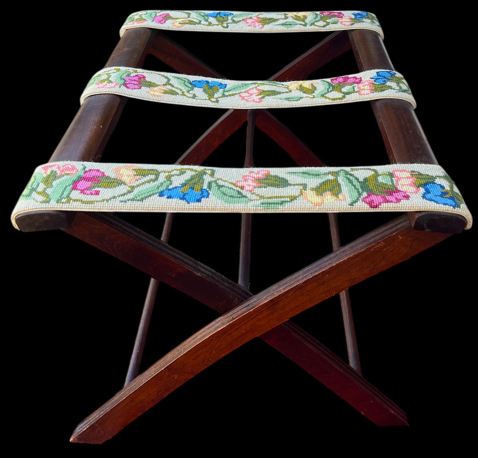 Vintage Folding Luggage Rack With Floral Needlepoint Straps - 3
